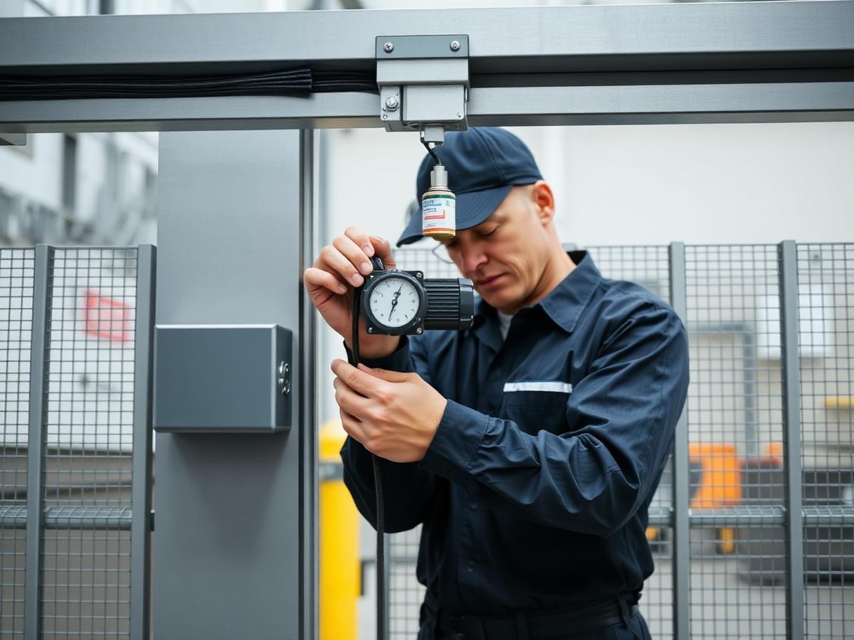 Technik BRÁNKARI kontroluje mechaniku priemyselnej brány